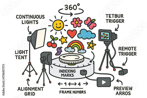 Spin Doodle. spin imagery. Colorful Hand-drawn doodle Children illustration spin imagery motorized turntable, indexing marks, tripod, continuous lights, light