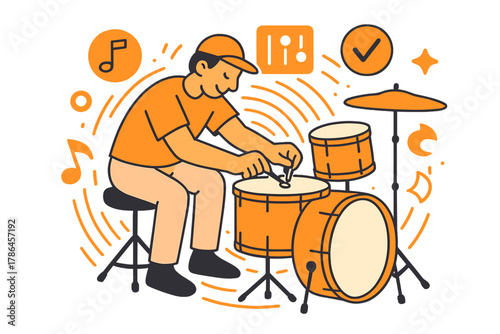 Drum Kit Harmony. Drum Kit Tuning. A drummer adjusts drum heads while glowing vibration lines radiate outward;
