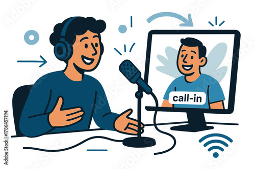 Dynamic Radio Broadcast. Radio Studio Desk ? Remote Guest. A clean screen shows a smiling caller; cable and Wi-Fi icons connect to the desk mic. Caption badge:
