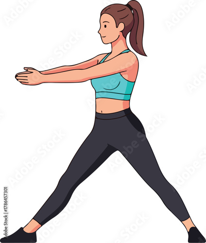 Young Woman Exercising in Wide Stance Performing Fitness Warm up or Yoga Pose Illustration