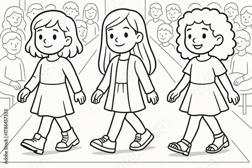 Kids' Runway Coloring Page. Fashion runway shoes children?s coloring book illustration, outlined drawing,