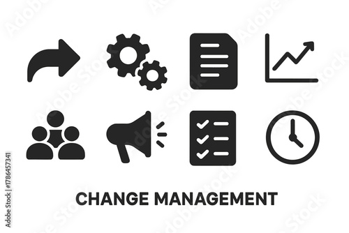 Change Management Icons. Change management. Filled icon set of change management: arrow, gears, document,
