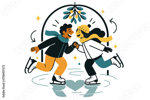 Skaters' Heartfelt Moment. Holiday romance. Two skaters sharing a laugh beneath mistletoe arch, their