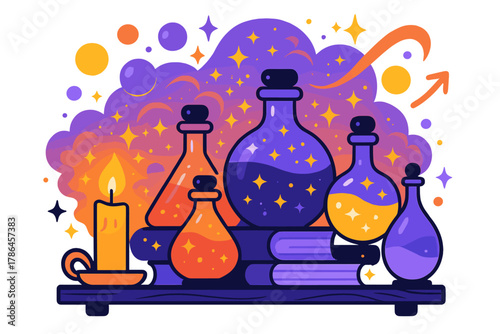 Ethereal Potion Shelf. Dreamy potion shelf. Glass bottles and books glow under candlelight; floating bubbles