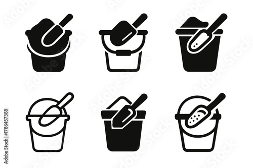 Feed Bucket Icons. feed bucket. Icon set. Set Logo of feed bucket: bucket and feed scoop crossed. harmonious logo variations of the same emblematic concept,