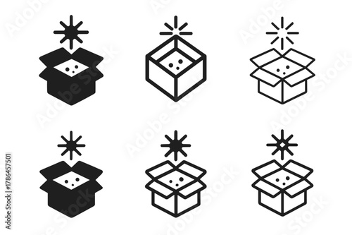 Forgotten Treat Logos. Finding a forgotten treat or snack in your pantry. Set Logo of Forgotten treat: opened box with crumbs and joy spark. Icon