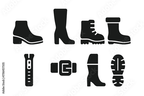 Stylish Boot Icons. Boot collection. Filled icon set of boot collection: ankle boot, knee-high boot, combat