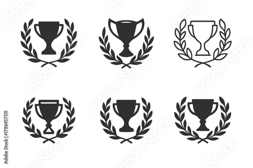 Victory Emblem Variations. Training for victory. Set Logo of Training for victory: laurel wreath around trophy cup. Icon set. harmonious logo variations of the
