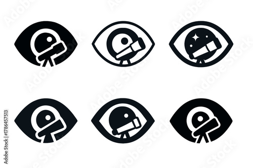 Cosmic Telescope Logo Variations. space telescopes. Set Logo of space telescopes: cosmic eye formed by telescope viewport. Icon set. harmonious logo variations