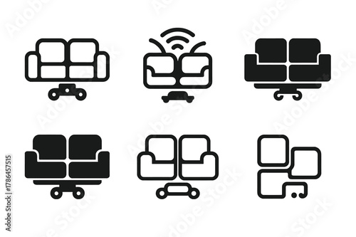 Modular Furniture Logos. Radical new takes on home automation and living spaces. Set Logo of modular robotic furniture: sofa segments that self-rearrange. Icon