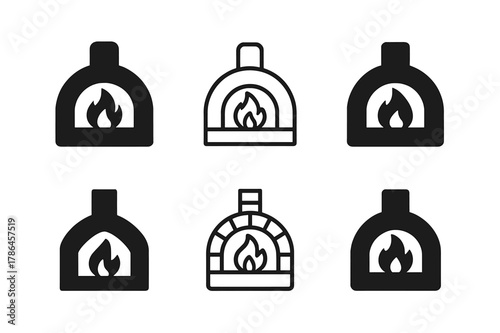 Outdoor Barbecue Logo Set. Home barbecues and outdoor kitchens. Icon set. Set Logo of home barbecues and outdoor kitchens: outdoor pizza oven with flames.