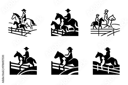 Family Horseback Emblems. A family riding horses through a farm?s open pasture. Icon set. Set Logo of a family riding horses through a farm?s open pasture: