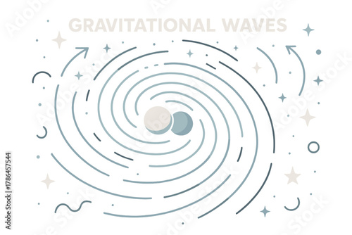 Spacetime Ripples. Gravitational waves. Ripples in spacetime illustrated as glowing wave lines radiating from