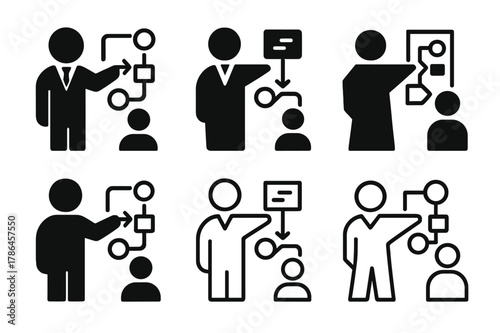 Consultant Icon Set. A consultant helping a small business improve its operations. Icon set. Set Logo of A consultant helping a small business improve its