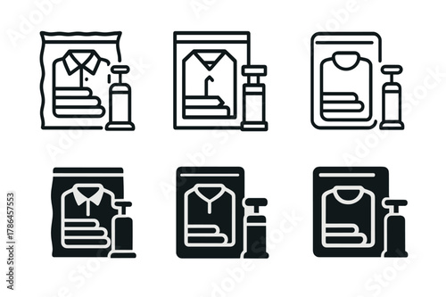 Vacuum-Sealed Logo Variations. Storing off-season clothes in vacuum-sealed bags. Icon set. Set Logo of storing off-season clothes in vacuum-sealed bags: vacuum