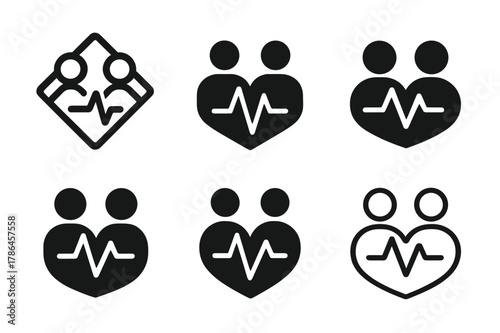 Nurturing Logos Grid. Nurturing relationships and emotional connections. Set Logo of nurturing relationships and emotional connections: shared heartbeat line.