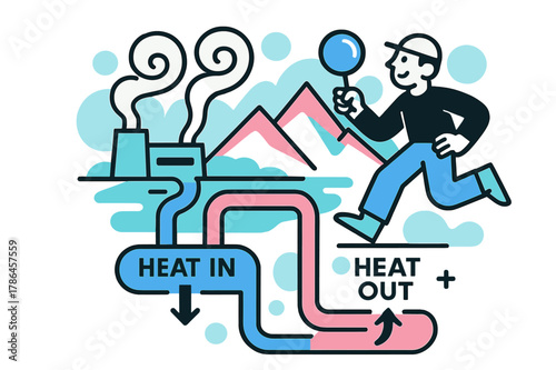 Geothermal Energy Dynamics. Geothermal Plant Loop. Steam plumes rise in tidy curls; cutaway pipes dive down and return with a ?Heat In / Heat Out? label.