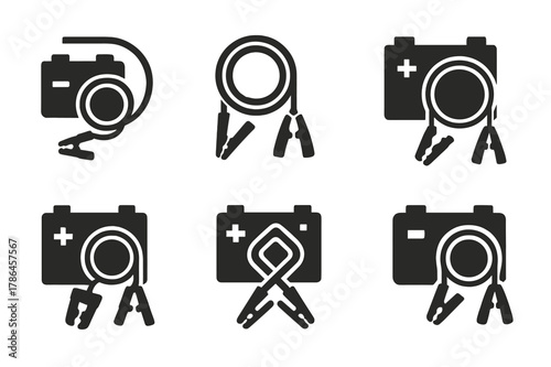 Car Battery Logos. Car battery with jumper cables. Icon set. Set Logo of Car battery with jumper cables: cable coil and storage. harmonious logo variations of