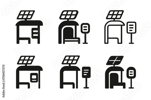 Urban Living Icons. Innovative solutions for urban living. Icon set. Set Logo of innovative solutions for urban living: solar-powered bus stop with e-ink