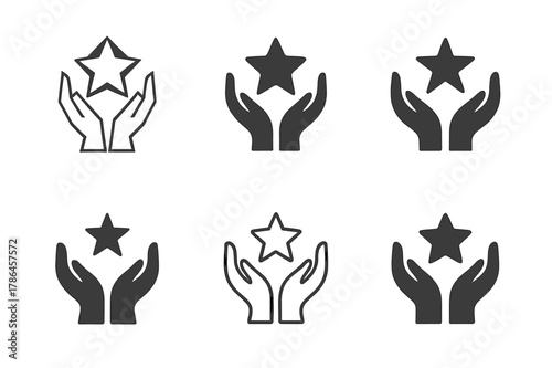 Helping Hands Logos. Volunteering. Set Logo of Volunteering: helping hands holding a star. Icon set. harmonious logo variations of the same emblematic concept,