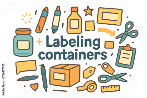 Doodle Labeling Tools. Labeling containers. Hand-drawn doodle illustration of labeling containers. Jar, bottle