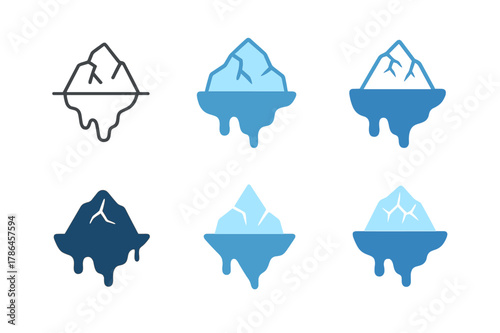 Melting Glacier Icons. Melting glaciers. Icon set. Set Logo of melting glaciers: cracked iceberg surface. harmonious logo variations of the same emblematic