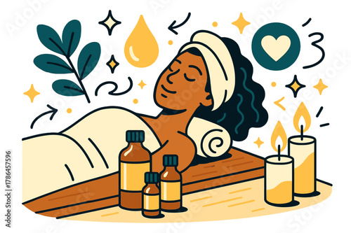 Aromatherapy Spa Vibes. Aromatherapy oils. Spa treatment table with essential oils, candles, and abstract floating icons, droplets, and sparkles; conveys