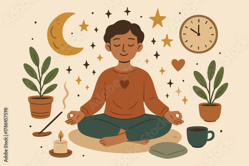 Serene Meditation Setup. meditating person, moon, stars, incense stick, candle, sitting mat, pillow, cup,