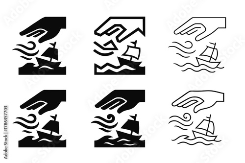 God of Storms Logo. A god controlling the winds and the storms. Set Logo of A god controlling the winds and the storms: giant hand guiding a sailing ship