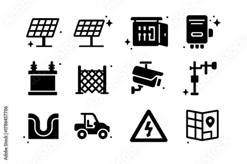Solar Farm Icons. Utility-scale solar farm. Solid icons set of Utility-scale solar farm: single-axis tracker, fixed-tilt row, combiner box, string inverter,