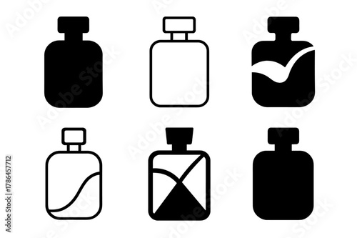 Fashion Emblem Variations. Fashion-forward looks. Icon set. Set Logo of Fashion-forward looks: perfume bottle. harmonious logo variations of the same