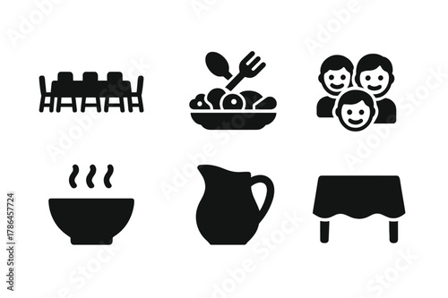 Community Dining Icons. Community dining. Filled icon set of community dining: long table, multiple chairs,