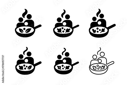 Family Cooking Icons. Cooking together as a family. Set Logo of cooking together as a family: skillet with ingredients. Icon set. harmonious logo variations of