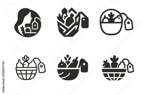 Rural Women Entrepreneurs. Women entrepreneurs in rural areas. Set Logo of women entrepreneurs in rural areas: basket of farm produce with price tag. Icon set.