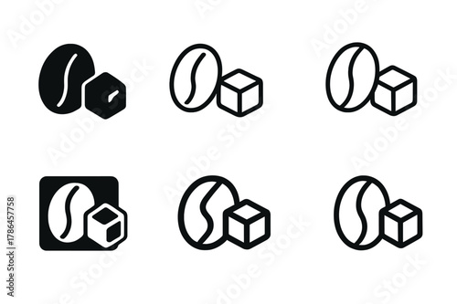 Cold Brew Logo Variations. Cold brew setup. Set Logo of Cold brew setup: coffee bean beside ice cube icon. Icon set. harmonious logo variations of the same