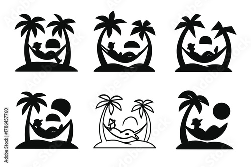 Tropical Hammock Logos. A traveler relaxing in a hammock between two palm trees, on a tropical island. Icon set. Set Logo of A traveler relaxing in a hammock