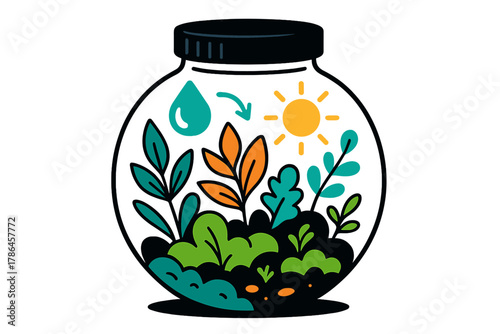 Glowing Terrarium Scene. Terrarium design. A glowing glass container filled with miniature plants, moss, and