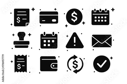 Payment Icons Set. Payment and Bill Reminders. Solid icons set of Payment and Bill Reminders: invoice, credit card, dollar coin, banknote, due date stamp,