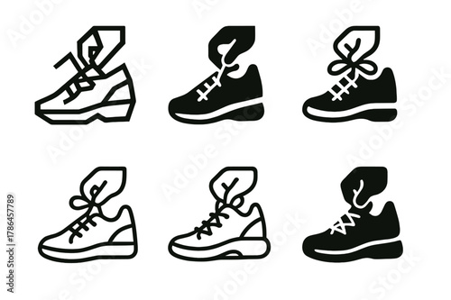 School Sneaker Logos. Getting the kids ready for school. Set Logo of Getting the kids ready for school: sneaker being tied with laces. Icon set. harmonious