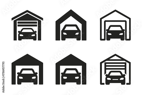 Diverse Car Logos. Transportation and automobiles. Set Logo of transportation and automobiles: garage doorway framing a car silhouette. Icon set. harmonious