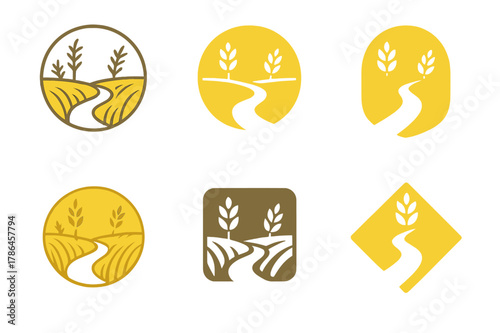 Wheat Field Logos. A field of golden wheat swaying in the breeze. Set Logo of a field of golden wheat swaying in the breeze: path through rippling wheat. Icon