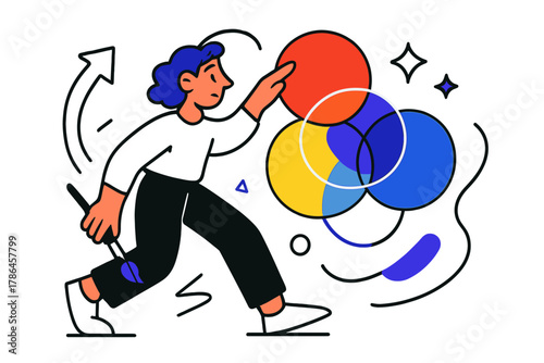 Primary Colors Dance. Primary and secondary colors. Painter arranging red, yellow, and blue circles connected