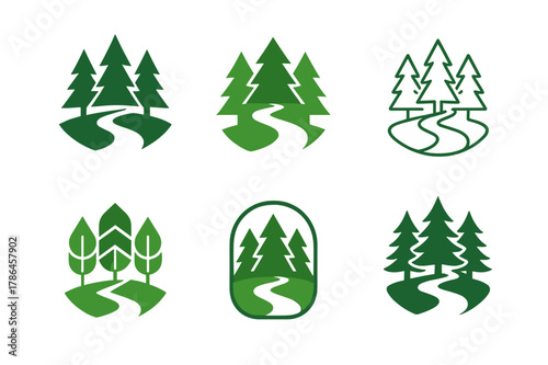 Nature Therapy Logos. Nature-based therapies for mental health. Set Logo of Nature-based therapies for mental health: walking path through forest. Icon set.
