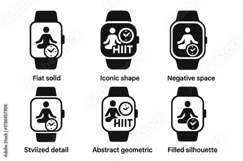 Fitness Logo Variations. Fitness and workout trends (HIIT, yoga). Icon set. Set Logo of Fitness and workout trends (HIIT, yoga): fitness tracker watch.