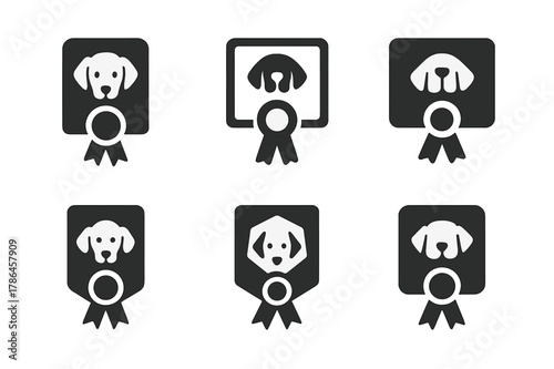 Pet Training Logos. Pet training and obedience classes. Set Logo of Pet training and obedience classes: course completion certificate with ribbon. Icon set.