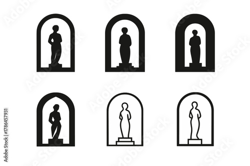 Sculpture Garden Logos. Sculpture gardens. Set Logo of Sculpture gardens: archway entrance with statue silhouette. Icon set. harmonious logo variations of the