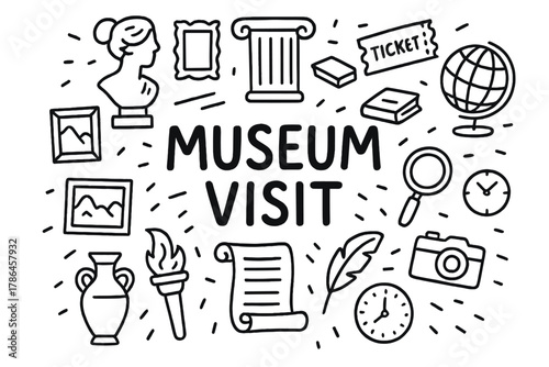 Museum Visit Doodle. Museum Visit. Hand-drawn doodle illustration of Museum Visit. statue, painting, frame,