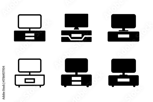 TV Stand Logos. A TV stand with storage for electronics and media. Set Logo of A TV stand with storage for electronics and media: floating wall-mounted media