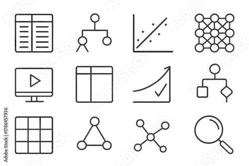 Supervised Learning Icons. Supervised learning. Line outline icon set of supervised learning: labeled dataset,