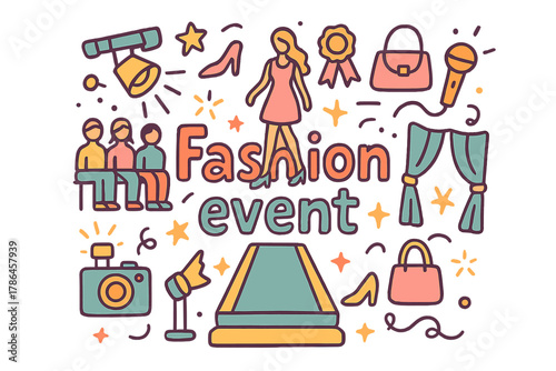 Fashion Event Doodle. Fashion event. Hand-drawn doodle illustration of fashion event. Catwalk, model, audience